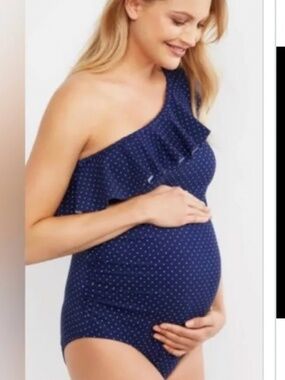 Motherhood Maternity Blue Polka Dot One Sleeve Ruffle Swimsuit One Piece M New